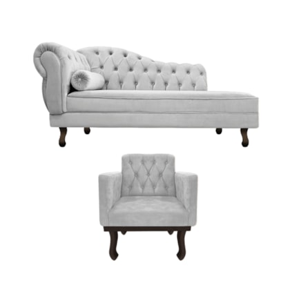 Kit Diva Recamier Juliana 120cm Lado Direito e 1 Poltrona Classic Linho Cinza Claro - Amarena Móveis