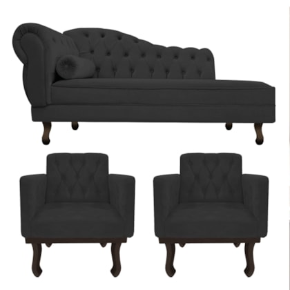 Kit Diva Recamier Juliana 120cm Lado Direito e 2 Poltronas Classic Corano Preto - Amarena Móveis