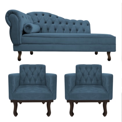 Kit Diva Recamier Juliana 120cm Lado Direito e 2 Poltronas Classic Linho Azul Royal - Amarena Móveis