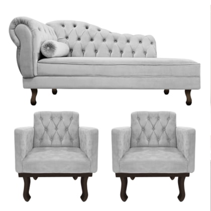 Kit Diva Recamier Juliana 120cm Lado Direito e 2 Poltronas Classic Linho Cinza Claro - Amarena Móveis