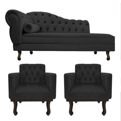 Kit Diva Recamier Juliana 120cm Lado Direito e 2 Poltronas Classic Linho Cinza Escuro - Amarena Móveis
