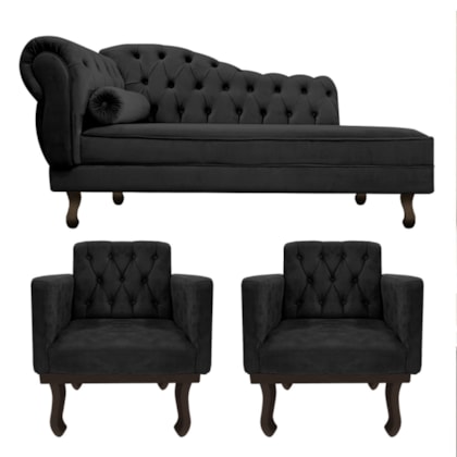 Kit Diva Recamier Juliana 120cm Lado Direito e 2 Poltronas Classic Linho Preto - Amarena Móveis