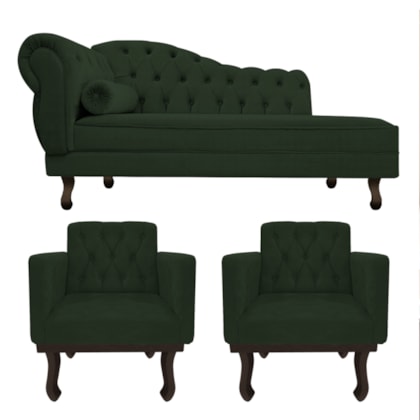 Kit Diva Recamier Juliana 120cm Lado Direito e 2 Poltronas Classic Linho Verde - Amarena Móveis