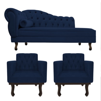 Kit Diva Recamier Juliana 120cm Lado Direito e 2 Poltronas Classic Suede Azul Marinho - Amarena Móveis