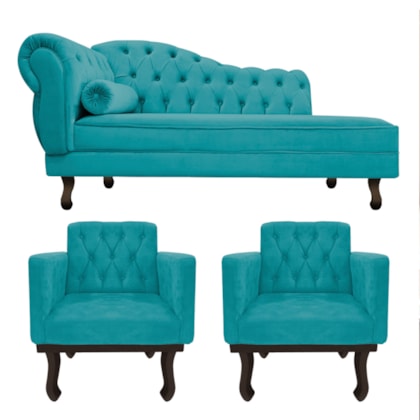Kit Diva Recamier Juliana 120cm Lado Direito e 2 Poltronas Classic Suede Azul Turquesa - Amarena Móveis
