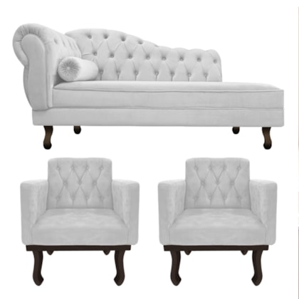 Kit Diva Recamier Juliana 120cm Lado Direito e 2 Poltronas Classic Suede Branco - Amarena Móveis