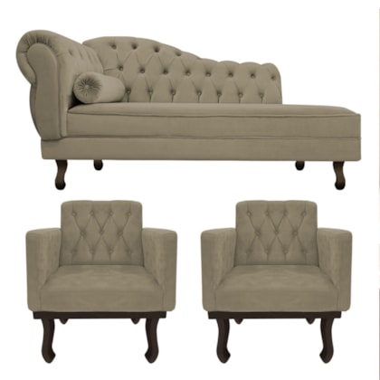 Kit Diva Recamier Juliana 120cm Lado Direito e 2 Poltronas Classic Suede Cappuccino - Amarena Móveis