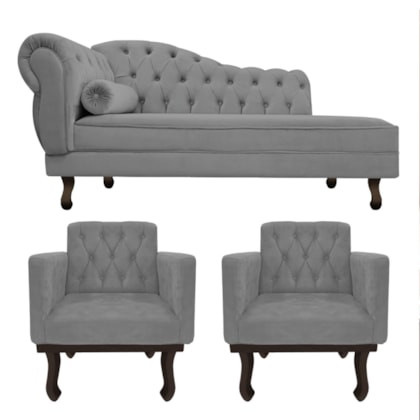 Kit Diva Recamier Juliana 120cm Lado Direito e 2 Poltronas Classic Suede Cinza - Amarena Móveis