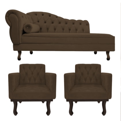 Kit Diva Recamier Juliana 120cm Lado Direito e 2 Poltronas Classic Suede Marrom - Amarena Móveis