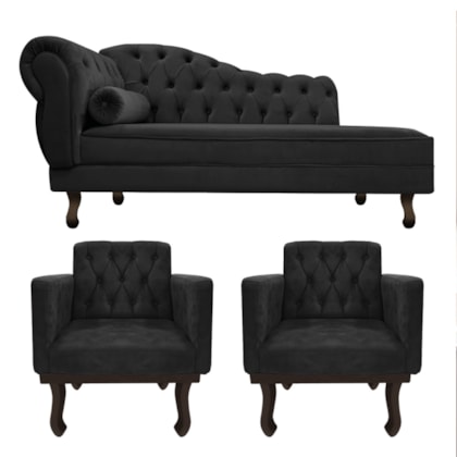 Kit Diva Recamier Juliana 120cm Lado Direito e 2 Poltronas Classic Suede Preto - Amarena Móveis