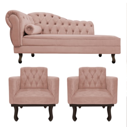 Kit Diva Recamier Juliana 120cm Lado Direito e 2 Poltronas Classic Suede Rose - Amarena Móveis