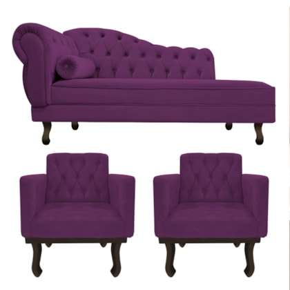 Kit Diva Recamier Juliana 120cm Lado Direito e 2 Poltronas Classic Suede Roxo - Amarena Móveis