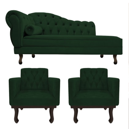 Kit Diva Recamier Juliana 120cm Lado Direito e 2 Poltronas Classic Suede Verde - Amarena Móveis