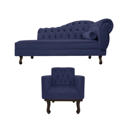 Kit Diva Recamier Juliana 120cm Lado Esquerdo e 01 Poltrona Classic Corano Azul Marinho - Amarena Móveis
