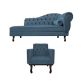 Kit Diva Recamier Juliana 120cm Lado Esquerdo e 1 Poltrona Classic Linho Azul Royal - Amarena Móveis
