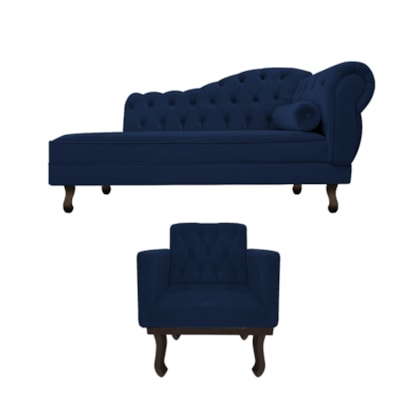 Kit Diva Recamier Juliana 120cm Lado Esquerdo e 1 Poltrona Classic Suede Azul Marinho - Amarena Móveis