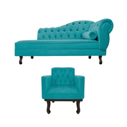 Kit Diva Recamier Juliana 120cm Lado Esquerdo e 1 Poltrona Classic Suede Azul Turquesa - Amarena Móveis