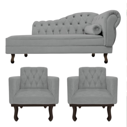 Kit Diva Recamier Juliana 120cm Lado Esquerdo e 2 Poltronas Classic Corano Cinza - Amarena Móveis