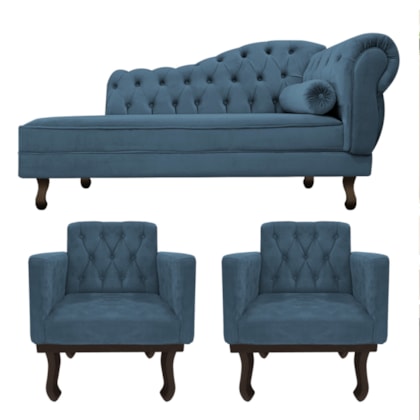 Kit Diva Recamier Juliana 120cm Lado Esquerdo e 2 Poltronas Classic Linho Azul Royal - Amarena Móveis