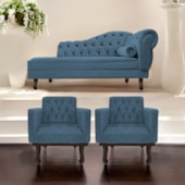 Kit Diva Recamier Juliana 120cm Lado Esquerdo e 2 Poltronas Classic Linho Azul Royal - Amarena Móveis