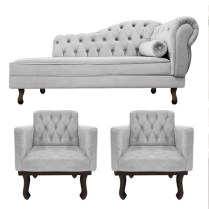Kit Diva Recamier Juliana 120cm Lado Esquerdo e 2 Poltronas Classic Linho Cinza Claro - Amarena Móveis