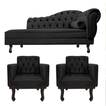 Kit Diva Recamier Juliana 120cm Lado Esquerdo e 2 Poltronas Classic Linho Preto - Amarena Móveis