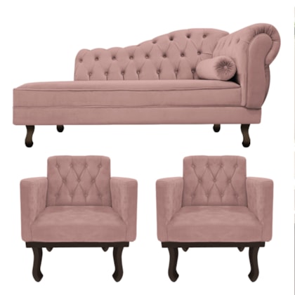 Kit Diva Recamier Juliana 120cm Lado Esquerdo e 2 Poltronas Classic Linho Rose