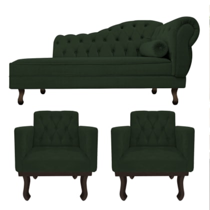 Kit Diva Recamier Juliana 120cm Lado Esquerdo e 2 Poltronas Classic Linho Verde - Amarena Móveis