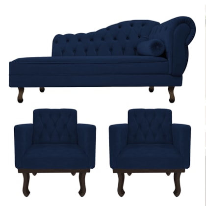 Kit Diva Recamier Juliana 120cm Lado Esquerdo e 2 Poltronas Classic Suede Azul Marinho - Amarena Móveis