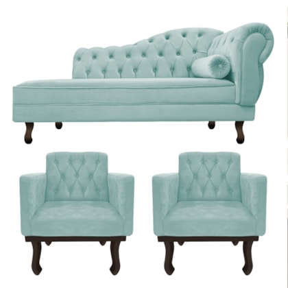 Kit Diva Recamier Juliana 120cm Lado Esquerdo e 2 Poltronas Classic Suede Azul Tiffany - Amarena Móveis