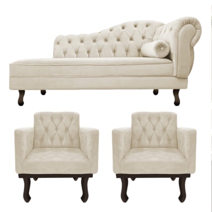 Kit Diva Recamier Juliana 120cm Lado Esquerdo e 2 Poltronas Classic Suede Bege - Amarena Móveis