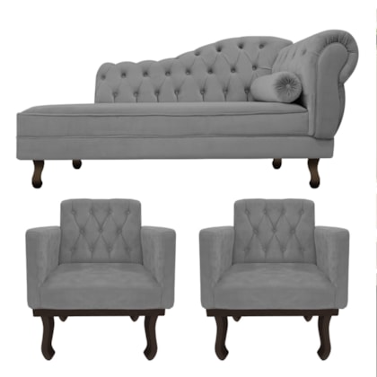 Kit Diva Recamier Juliana 120cm Lado Esquerdo e 2 Poltronas Classic Suede Cinza - Amarena Móveis