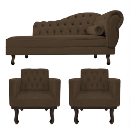 Kit Diva Recamier Juliana 120cm Lado Esquerdo e 2 Poltronas Classic Suede Marrom - Amarena Móveis