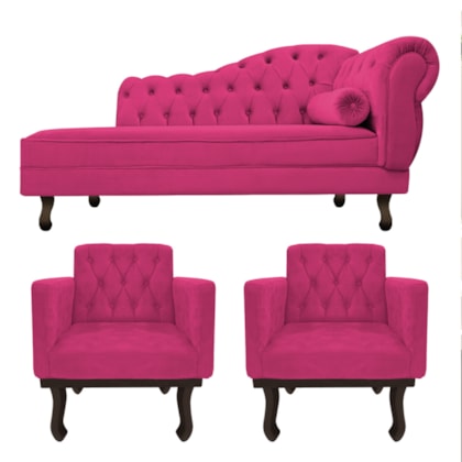 Kit Diva Recamier Juliana 120cm Lado Esquerdo e 2 Poltronas Classic Suede Pink - Amarena Móveis