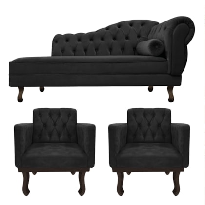 Kit Diva Recamier Juliana 120cm Lado Esquerdo e 2 Poltronas Classic Suede Preto - Amarena Móveis