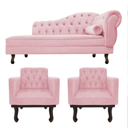 Kit Diva Recamier Juliana 120cm Lado Esquerdo e 2 Poltronas Classic Suede Rosa Bebe - Amarena Móveis