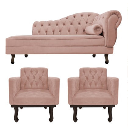 Kit Diva Recamier Juliana 120cm Lado Esquerdo e 2 Poltronas Classic Suede Rose - Amarena Móveis