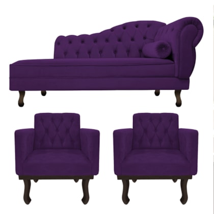 Kit Diva Recamier Juliana 120cm Lado Esquerdo e 2 Poltronas Classic Suede Roxo - Amarena Móveis