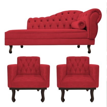 Kit Diva Recamier Juliana 120cm Lado Esquerdo e 2 Poltronas Classic Suede Vermelho - Amarena Móveis