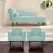 Kit Diva Recamier Juliana 130cm Lado Direito e 02 Poltronas Classic Suede Azul Ciano - Amarena Móveis