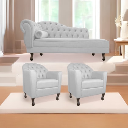 Kit Diva Recamier Juliana 130cm Lado Direito e 02 Poltronas Julia Corano Branco - Amarena Móveis
