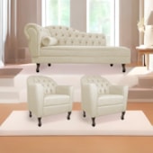 Kit Diva Recamier Juliana 130cm Lado Direito e 02 Poltronas Julia Linho Bege - Amarena Móveis