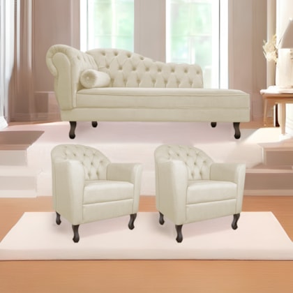 Kit Diva Recamier Juliana 130cm Lado Direito e 02 Poltronas Julia Linho Bege - Amarena Móveis