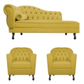 Kit Diva Recamier Juliana 130cm Lado Direito e 02 Poltronas Julia Suede Amarelo - Amarena Móveis