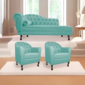 Kit Diva Recamier Juliana 130cm Lado Direito e 02 Poltronas Julia Suede Azul Tiffany - Amarena Móveis