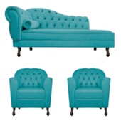 Kit Diva Recamier Juliana 130cm Lado Direito e 02 Poltronas Julia Suede Azul Turquesa - Amarena Móveis