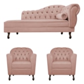Kit Diva Recamier Juliana 130cm Lado Esquerdo e 02 Poltronas Julia Suede Rosê - Amarena Móveis