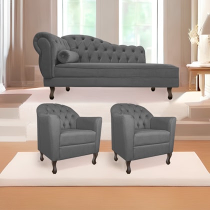 Kit Diva Recamier Juliana 140cm Lado Direito e 02 Poltronas Julia Linho Cinza Escuro - Amarena Móveis