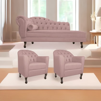 Kit Diva Recamier Juliana 140cm Lado Direito e 02 Poltronas Julia Linho Rosê - Amarena Móveis