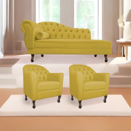Kit Diva Recamier Juliana 140cm Lado Direito e 02 Poltronas Julia Suede Amarelo - Amarena Móveis